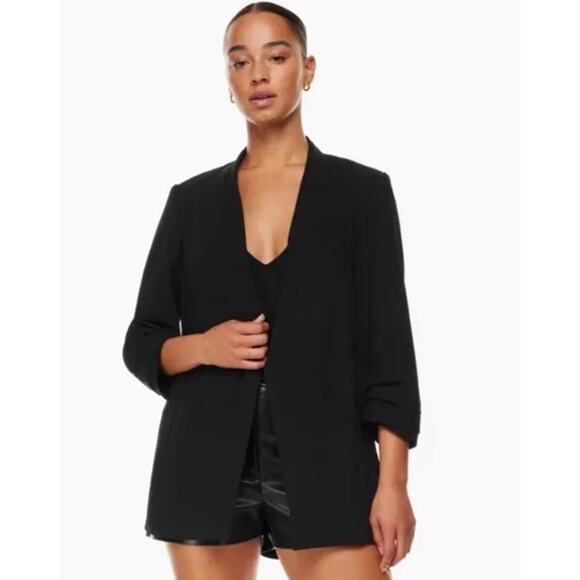 Aritzia Babaton Power Hip Blazer Open Front Ruched 3/4 Sleeve Jacket Crepe Black - Picture 5 of 15